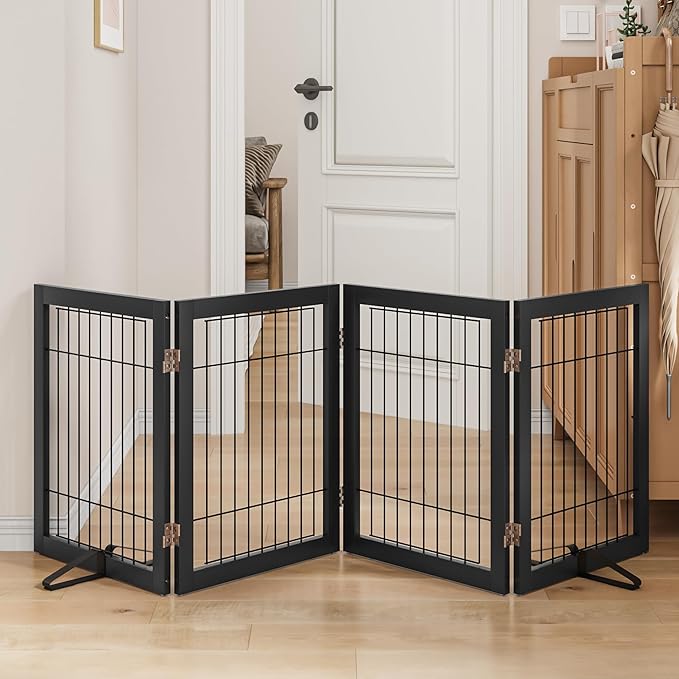 Dog Gate Wire Dog Gates for House Doorways Stairs 24-Inch Freestanding Pet Gate Puppy Fences Indoor (4 Panel, Black)-PurrikoPets