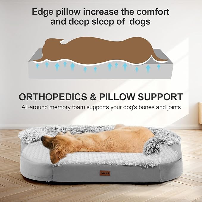 3.7 inch Thickened Orthopedic Dog Beds for Large Dogs, Supportive Dog Sofa Bed with 28D Egg-Crate Foam, Removable Washable Plush Cover, Waterproof Lining, Half-Round Design for Puppy, Senior Dog-PurrikoPets