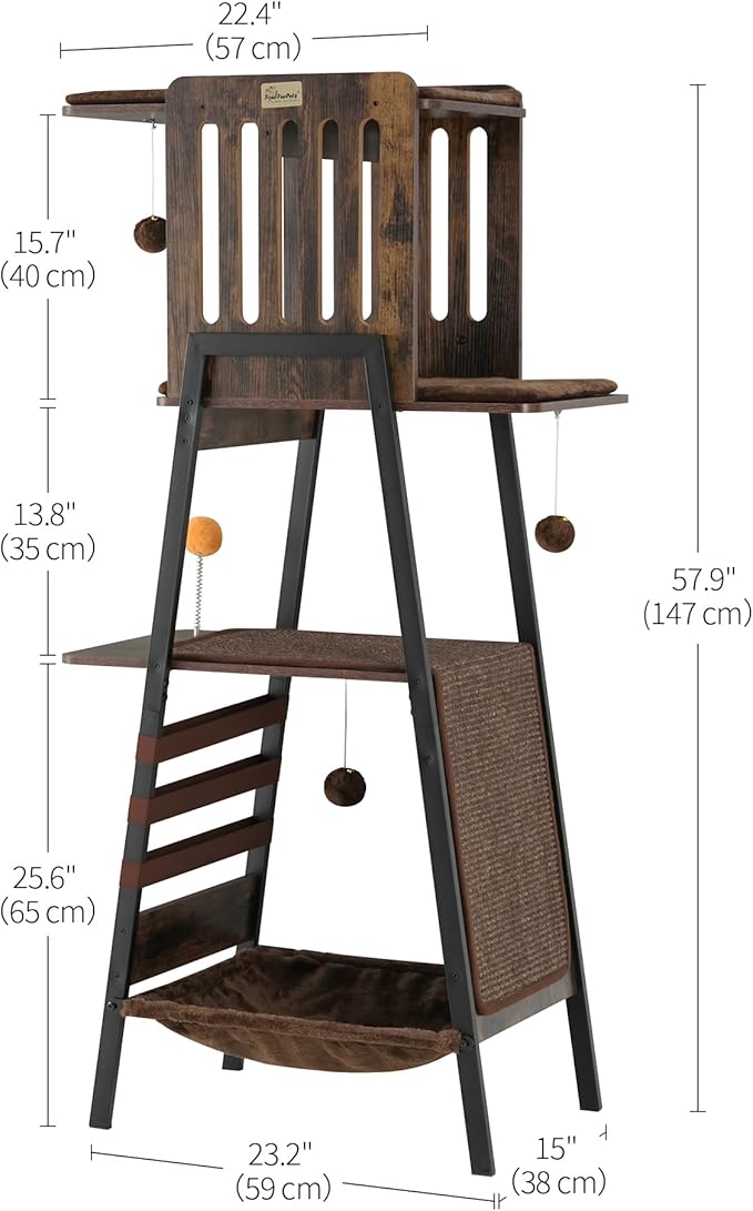FourFurPets Modern Cat Tree, 58-Inch Cat Tower for Large Cats, Maine Coon Cat Tree with Scratching Board, Large Perch, Hammock and Removable Pads, Rustic Brown-PurrikoPets