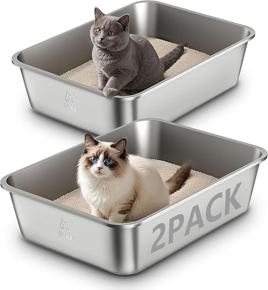 2 Pack Stainless Steel Cat Litter Box, 19.5" L×13.6" W×5.9" H, Metal Kitty Litter Box with High Sided for Big and Small Catss, Non-Stick, Easy to Clean, Odor-Free-PurrikoPets