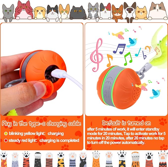 AIERSA Interactive Cat Toys for Indoor Adult Cats, Automatic Self-Play Cat Ball Toy for Kitten to Keep Them Busy, Electric Moving Chase Toy (Orange)-PurrikoPets