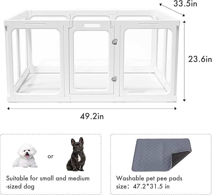 Acrylic Dog Playpen with Door, 24" 10PCS Clear Pet Play Pen Indoor for Small Animals, Transparent Puppy Fence Kennel Rabbit Ferret, Doggie Cages Yard Easy Assemble-PurrikoPets