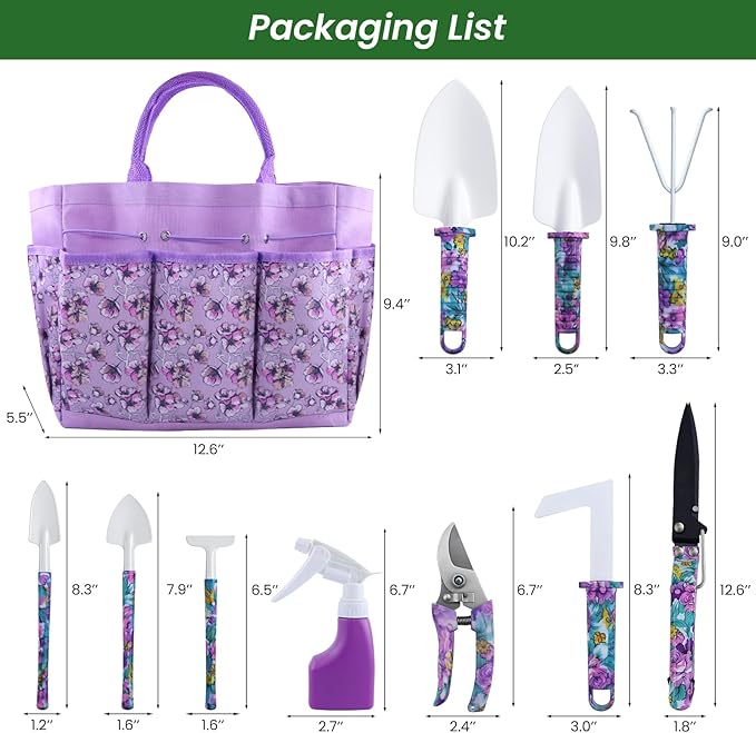 Gardening Tool Set 10-Piece, Heavy Duty Garden Tool Set with Purple Floral Tote Bag and Gift Box, Gardening Tools Kit with Ergonomic Non-Slip Handle, Ideal Gardening Gifts for Women Mom-PurrikoPets