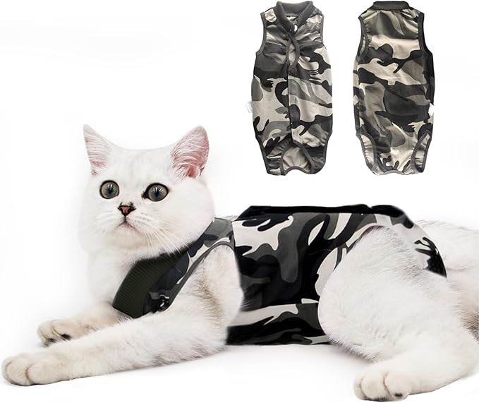 DOTON Cat Recovery Suit for Male and Female Surgical Post Surgery Soft Cone Onesie Shirt Clothes Neuter Licking Protective Diapers Outfit Cover Kitten Spay Collar(S, Camouflage)-PurrikoPets