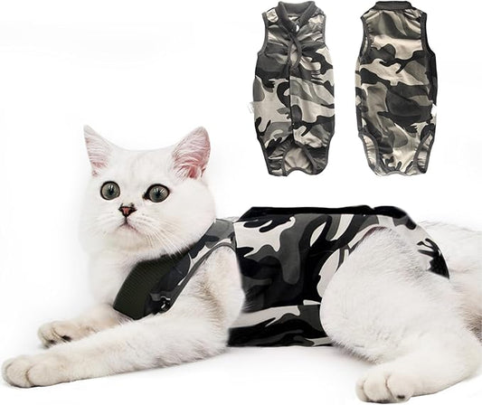 DOTON Cat Recovery Suit for Male and Female Surgical Post Surgery Soft Cone Onesie Shirt Clothes Neuter Licking Protective Diapers Outfit Cover Kitten Spay Collar(L, Camouflage)-PurrikoPets