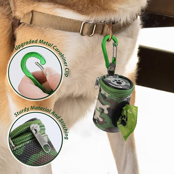 Dog Poop Bag Holder for Leash Doggie Waste Bag Dispenser Puppy Potty Carrier Small Doggy Zipper Pouch with Carabiner Clip 1680D Nylon Oxford with 1 Roll of Pet Trash Bags, Woodland Camo-PurrikoPets