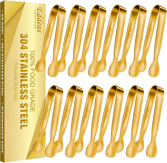 12 PCS Small Serving Tongs, 4.3" Mini Gold Tongs, Gold Kitchen Tongs for Serving Food, Coffee Bar, Tea Party, Desserts Party and Ice Bucket-PurrikoPets