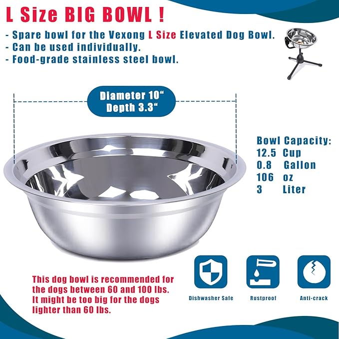 2 Pack, L Size Bowls, Matches Vexong L Size Elevated Dog Bowl Stand, for Dogs Between 60 and 100 lb, Stainless Steel Dog Bowl, Capacity 0.8 Gal / 12.5 Cup / 106 Oz / 3 Liter, Rustproof, Durable,-PurrikoPets