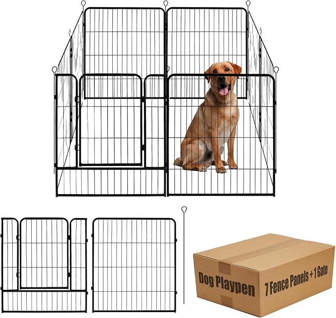 Dog Playpen,24 32 40 48 in(H) Pet Fence Outdoor for Rv Camping,Garden Fence Medium Animal Barrie for Yard,11Ft(L)-56Ft(L) Black Metal Temporary Fencing-PurrikoPets