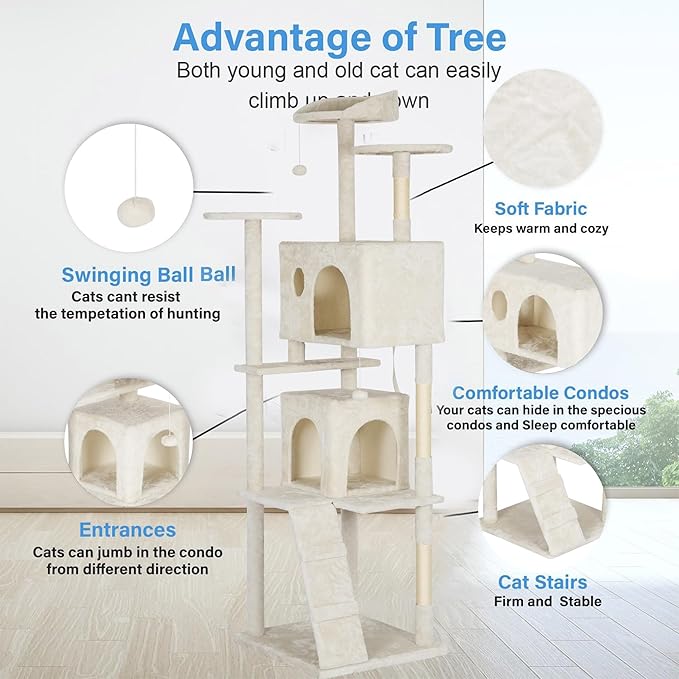FDW Cat Tree Tower 81in Multi-Level Durable Cat Scratching Post & Cozy Fun Jumping Platform Space Saving Condo Pet Play House for Indoor Cats,Beige-PurrikoPets