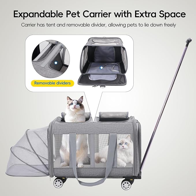 Expandable Pet Carrier with Wheels, Double Cat Dog Carrier 21"x 17"x 16" up to 40 Lbs, Rolling Pet Carrier for Cats and Dogs, Extra Large Pet Travel Carrier, Ideal for Outdoor/Travel-PurrikoPets