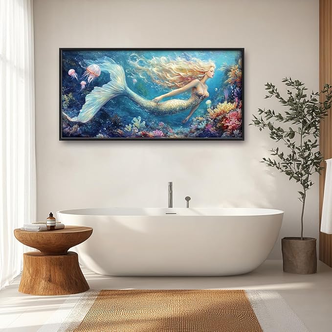 Extra Large Framed Mermaid Wall Art,Oversized Undersea Ocean Wall Decor,Colorful Coral Reefs Pictures for Living Room,Elegant Canvas Print Painting Modern Artwork Bedroom Bathroom 60L x 30W-PurrikoPets