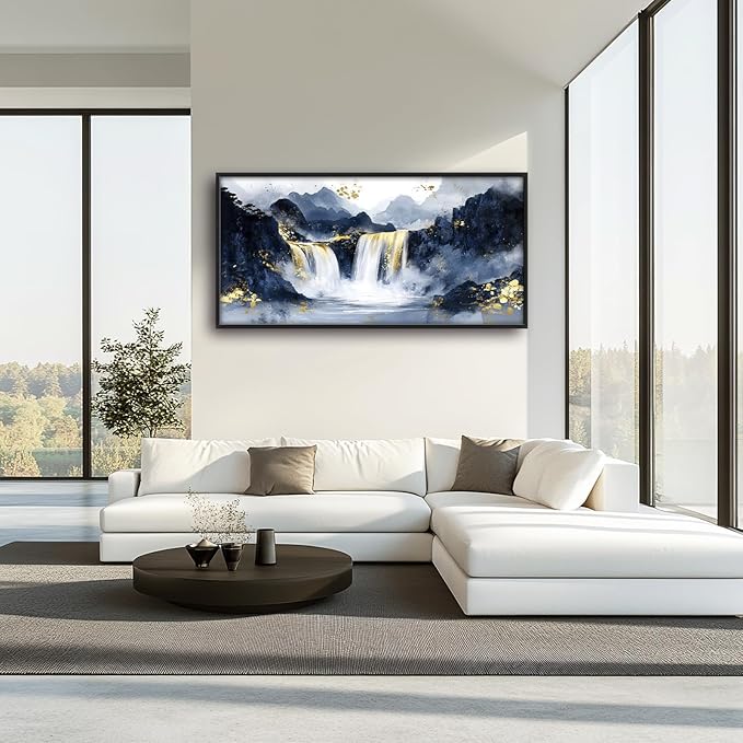 Extra Large Abstract Golden Waterfall Framed Wall Art for Living Room,Oversized Foggy Mountain Pictures Wall Decor,Canvas Print Painting Modern Artwork Bedroom Office Bathroom 60L" x 30W"-PurrikoPets