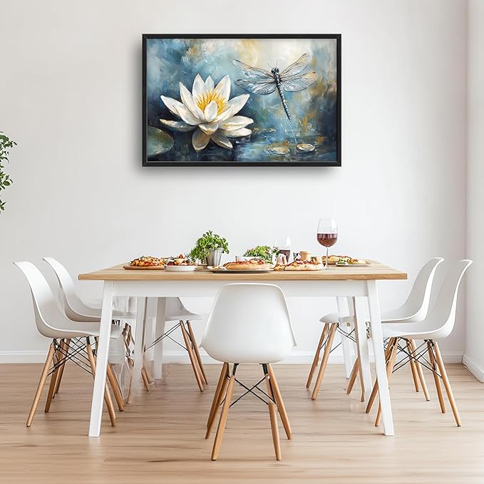 Extra Large Lotus Dragonfly Framed Wall Art for Living Room,Abstract Blue Lotus Flower Lake Pictures Wall Decor,Nature Canvas Print Painting Modern Artwork Bedroom Office Bathroom 36L" x 24W"-PurrikoPets