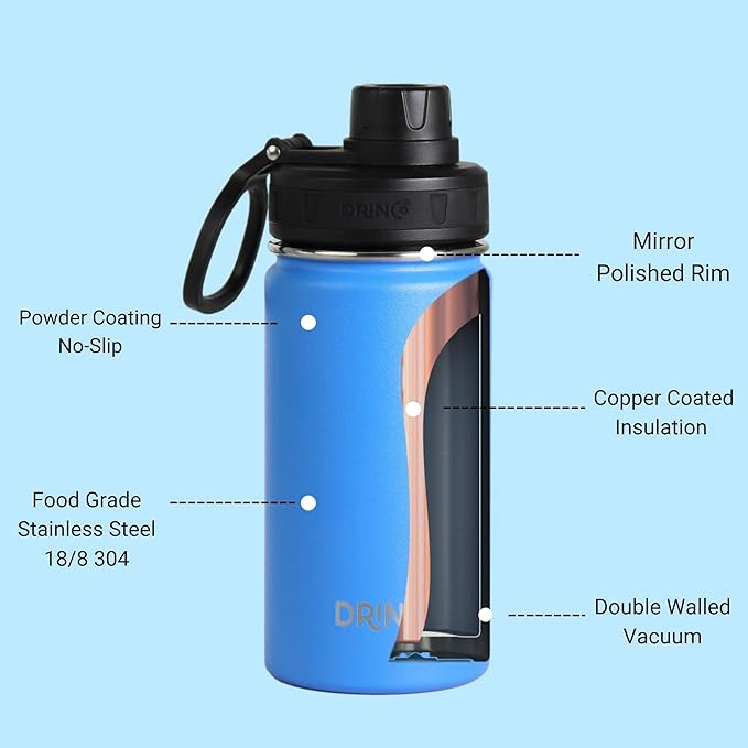 DRINCO Stainless Steel Water Bottle Spout Lid Vacuum Insulated Double Wall Water Bottle Wide Mouth (40oz 32oz 22oz 18oz 14oz) Leak Proof Keeps Cold or Hot (14 oz, 14oz Royal Blue)-PurrikoPets