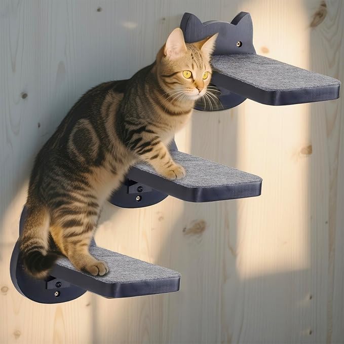 ESPETS Black Painted Solid Wood Cat Wall Climbing Steps Set of 3 - Wall Mounted Cat Floating Furniture Shelves and Perches, Sturdy Climber Stairs Ladders - Holds up 30lbs-PurrikoPets