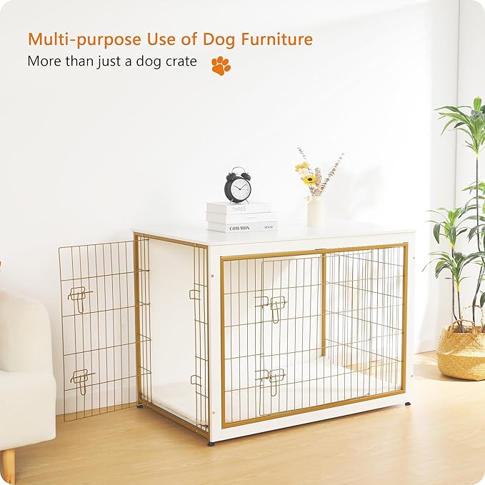 DWANTON Dog Crate Furniture with Cushion, Wooden Kennel Table with Double Doors, Indoor Dog House, Extra Large Size, 43.3" L, White+Gold-PurrikoPets