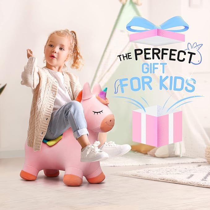 EVERICH TOY Bouncy Horse Unicorn Toys, Inflatable Bouncing Animal Hopping Toys, Outdoor Indoor Ride on Bouncer, Boys Girls Birthday Gift for 18 Month 2 3 4 5 6 Year Old Kid- Plush Unicorn Toy-PurrikoPets