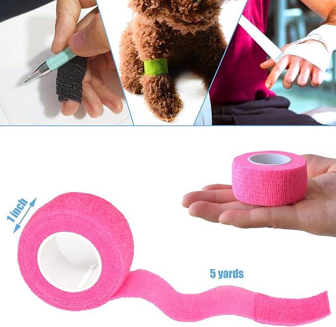9 Pack 1" x 5 Yards Self Adhesive Bandage Wrap Self Stick Wrap for Ankle, Wrist, Finger, Sports, Breathable Cohesive Vet Tape for Pets (Pink)-PurrikoPets