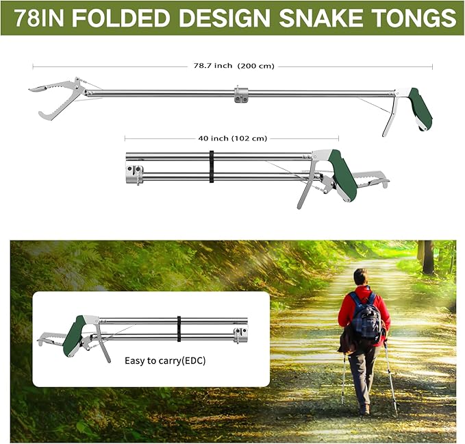 78“ Snake Tongs Collapsible Grabber, Professional Reptile Snake Catcher Wide Jaw Handling Tool, Stainless Steel Snake Hook-PurrikoPets