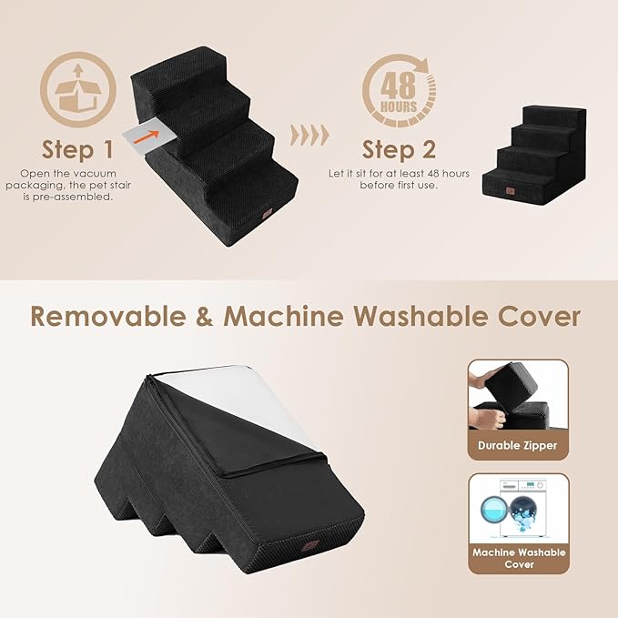 EHEYCIGA Dog Stairs for Bed 18" H, 4-Step Dog Steps for High Bed, Pet Steps for Small Dogs and Cats, Non-Slip Balanced Pet Ramp Indoor, Black-PurrikoPets