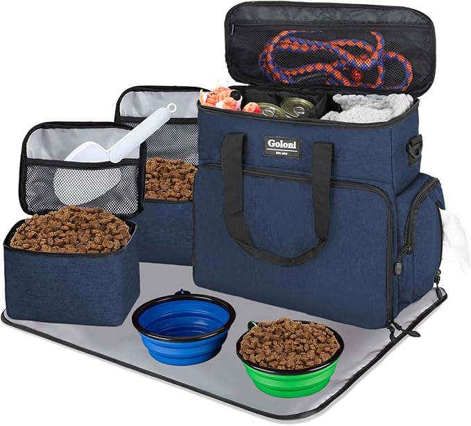Dog Travel Bag Airline Approved–Pet Travel Tote with Collapsible Bowls,Food Containers & Feeding Mat–Multi-Pocket Organizer for Dogs & Cats, Durable & Water-Resistant for Hiking,Trips,Outdoors-PurrikoPets