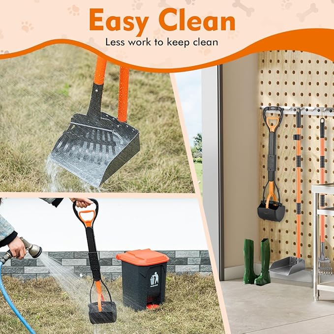 28" Pooper Scooper and 38" Heavy Duty Stainless Steel Rake & Tray Set, 3 in 1 Portable Dog Pooper Scooper Set for Large Medium Small Dogs in Grass, Dirt or Gravel-PurrikoPets