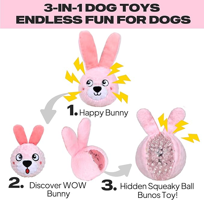 Fida Squeaky Dog Toys for Aggressive Chewers 3 in 1, Dog Chew Toys with 3 Layers,Interactive Dog Toys for Large Dogs Balls to Keep Them Busy for Small Medium Dogs(Pink Bunny)-PurrikoPets