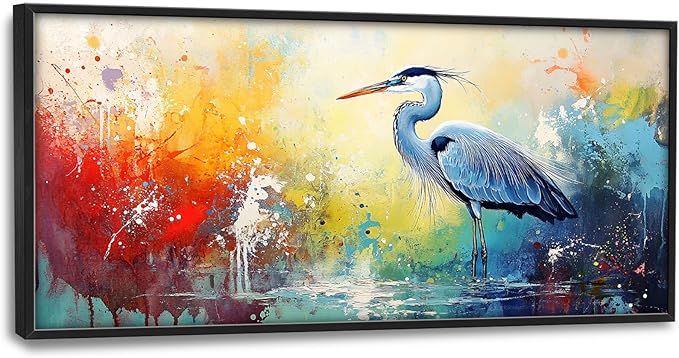 Extra Large Framed Abstract Heron Wall Art,Oversized Colorful Graffiti Heron Wall Decor Pictures for Living Room,Canvas Print Painting Modern Artwork Bedroom Office Bathroom Home Decor 60L x 30W-PurrikoPets