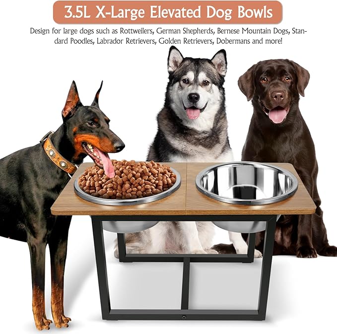 Elevated Dog Bowls for Large Dogs, Raised Dog Bowl Stand with Two X-Large Stainless Steel Bowls for Dogs, 3.5L Capacity, Rustic Walnut-PurrikoPets