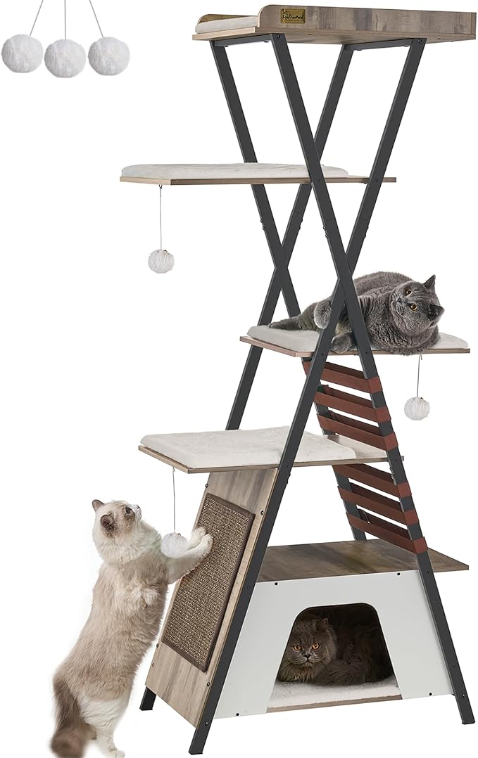 FourFurPets 72.4" Cat Tree, Modern Cat Tower for Indoor Cats, Multi-Level Cat Condo with Caves, Tall Cat Tree with Cat Scratching Board, Wooden Cat Tower with Large Perch, Removable Pads, Camel Brown-PurrikoPets
