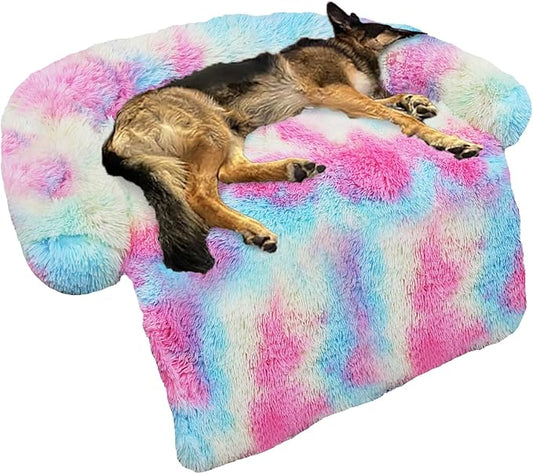 GGIB Calming Dog Bed Fluffy Plush Dog Mat for Furniture Protector with Removable Washable Cover for Large Medium Small Dogs and Cats (Large, Rainbow)-PurrikoPets