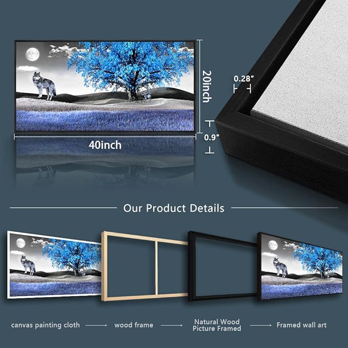 Framed Canvas Wall Art For Living Room Family Wall Decorations For Bedroom Modern Office Wall Decor Paintings Blue Tree Landscape Pictures Artwork Canvas Art Prints Home Decor Black Frame 20" X 40"-PurrikoPets