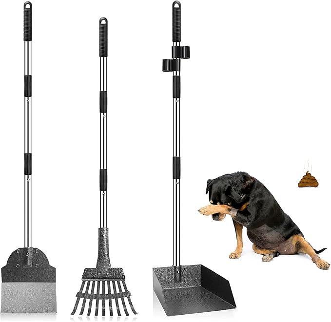 Dog Pooper Scooper, Adjustable Handle Poop Scooper with Tray,Rake and Spade Set of 3, Steel Stainless Poop Scoop for Small Medium Dogs and Pet Waste on Grass, Dirt and Gravel (Medium Size)-PurrikoPets
