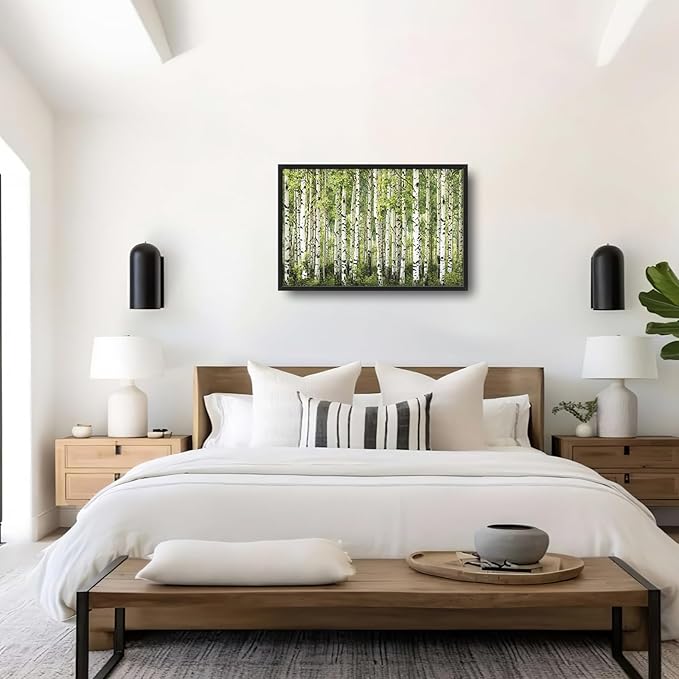 Extra Large Birch Tree Framed Wall Art for Living Room,Oversized Green Aspen Trees Forest Pictures Wall Decor,Canvas Print Painting Modern Artwork Bedroom Office Bathroom 36L" x 24W"-PurrikoPets