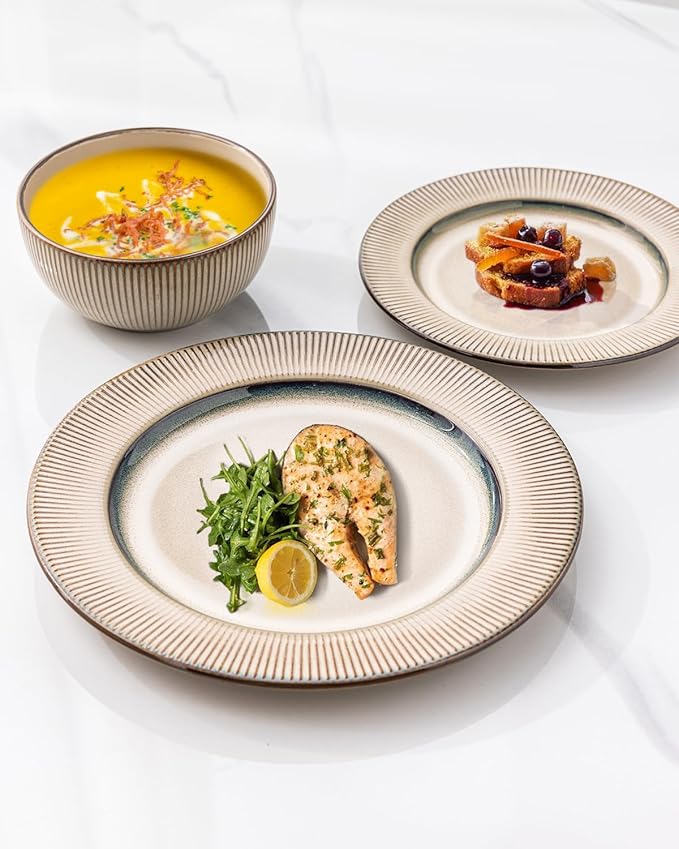 GBHOME Ceramic Dinnerware Sets, 18 Piece Embossed Elegant Stoneware Plates and Bowls Sets, Housewarming Wedding Gift | Dishwasher & Microwave Safe | Dishes Set Service for 8-PurrikoPets