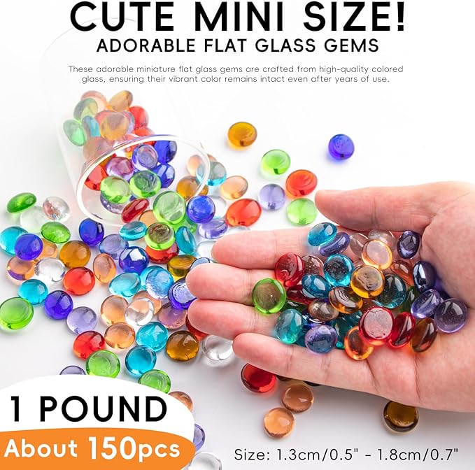 1 LB Mix Color Glass Beads, Mini Flat Glass Marbles~150PCS for Vase Fillers, Floral Bottom Mancala Gems Pebbles Fish Tank Rocks for Table Scatter Aquarium,Home Decorative Art Craft Supplies(0.5"~0.7")-PurrikoPets