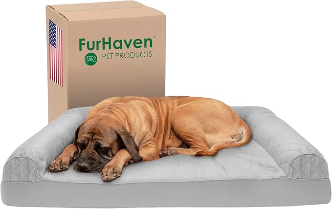 Furhaven Cooling Gel Dog Bed for Large Dogs w/ Removable Bolsters & Washable Cover, For Dogs Up to 125 lbs - Quilted Sofa - Silver Gray, Jumbo Plus/XXL-PurrikoPets