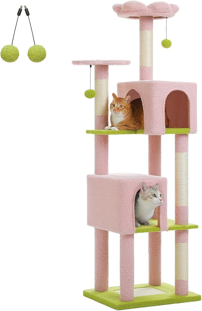 Flower Cat Tree, 62-Inch Large Cat Tower for Multi-Cat Households w/Scratching Posts, Multi-Level Cat Condo w/Cozy Top Perch & Scratching Pad, Padded Platform, 2 Pompoms, Pink-PurrikoPets