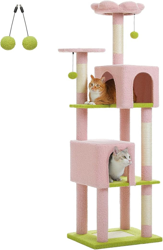 Flower Cat Tree, 62-Inch Large Cat Tower for Multi-Cat Households w/Scratching Posts, Multi-Level Cat Condo w/Cozy Top Perch & Scratching Pad, Padded Platform, 2 Pompoms, Pink-PurrikoPets