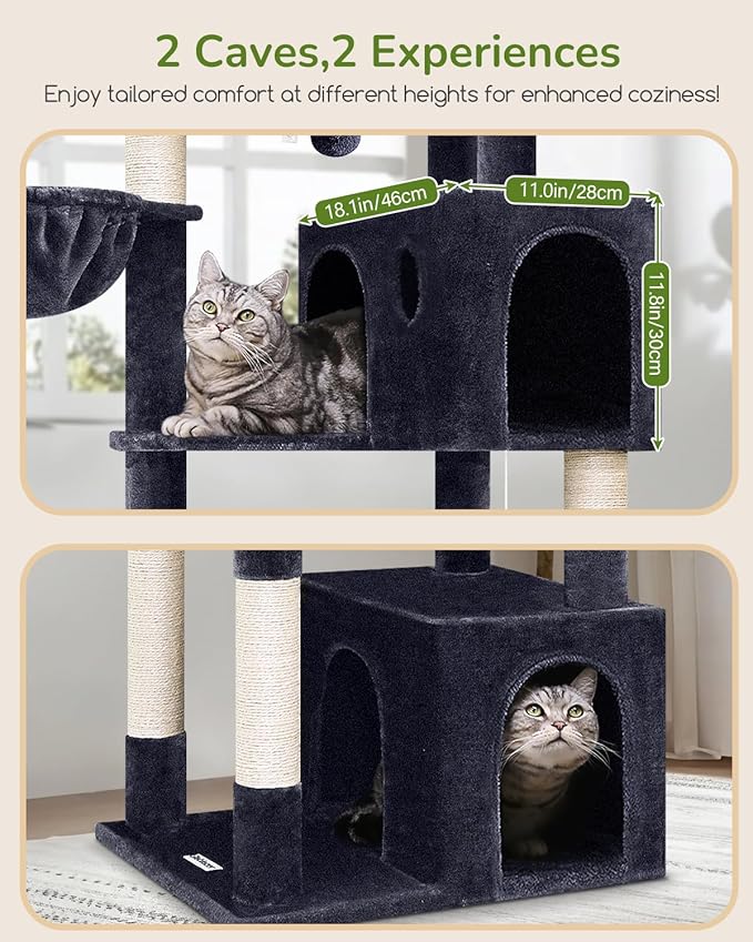 Globlazer Heavy Duty Cat Tree Tower, 73in Tall Cat Tree for Indoor Cats Large Adult, Cat Condo for Large Cats with 5 Scratching Posts, 2 Cat Caves, 2 Padded Perches, 2 Hanging Baskets, F73, Dark Gray-PurrikoPets