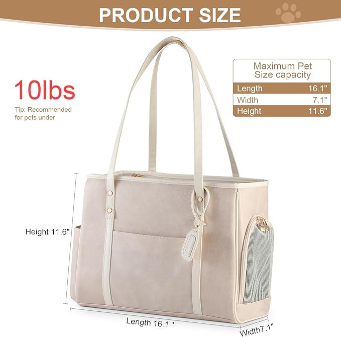 Fashion Dog Carrier Purse, Premium Leather Cat Carrier Bag, Airline Approved Soft Sided Pet Travel Tote Bag with Pockets Beige-PurrikoPets