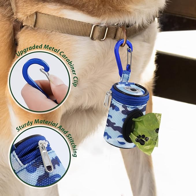 Dog Poop Bag Holder for Leash Doggie Waste Bag Dispenser Puppy Potty Carrier Small Doggy Zipper Pouch with Carabiner Clip 1680D Nylon Oxford with 1 Roll of Pet Trash Bags, Sky Blue Camo-PurrikoPets