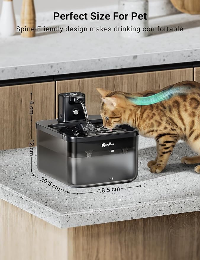 DownyPaws Battery Operated Cat Water Fountain, 84oz/2.5L Fursink Wireless Cat Waterer Fountain with Motion Sensor, BPA-Free, Black with 6 Filters-PurrikoPets