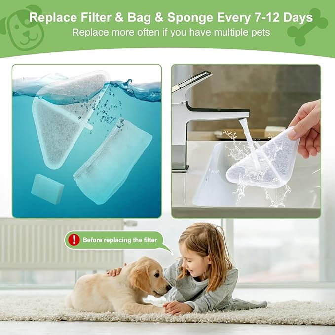 12 Sets of Replacement Filters for 230oz/7L Dog Water Fountain, GISOFIK Cat Water Fountain Filter, 5 Layers Filtration System Pet Fountain Filters Replacement (12 Filters+12 Mesh Bag+14 Sponge)-PurrikoPets