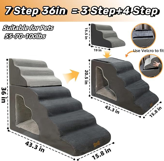 7-Step Dog Stairs for 36 Inch High Beds Small Dogs, Pet Ramp Stairs 20-42 Inch Couch Bed, Non-Slip Balanced Stairs 75lbs for Small Old Large Dogs Cats to Get on Bed-PurrikoPets