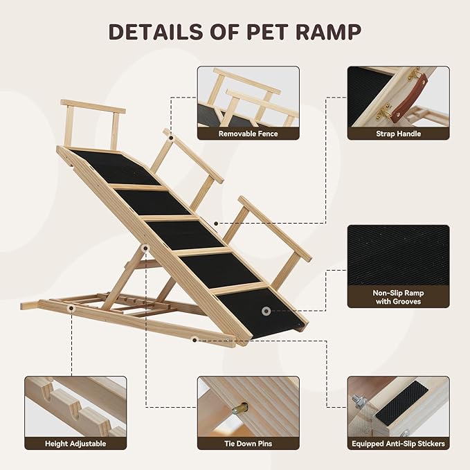 Dog Ramp for Bed PANTAZO Adjustable Ramps for Small Dogs to Get on Bed, Up to 28.5 Inches, 48'' Long,120lbs with Anti-Slip Grip & Safety Rail-PurrikoPets