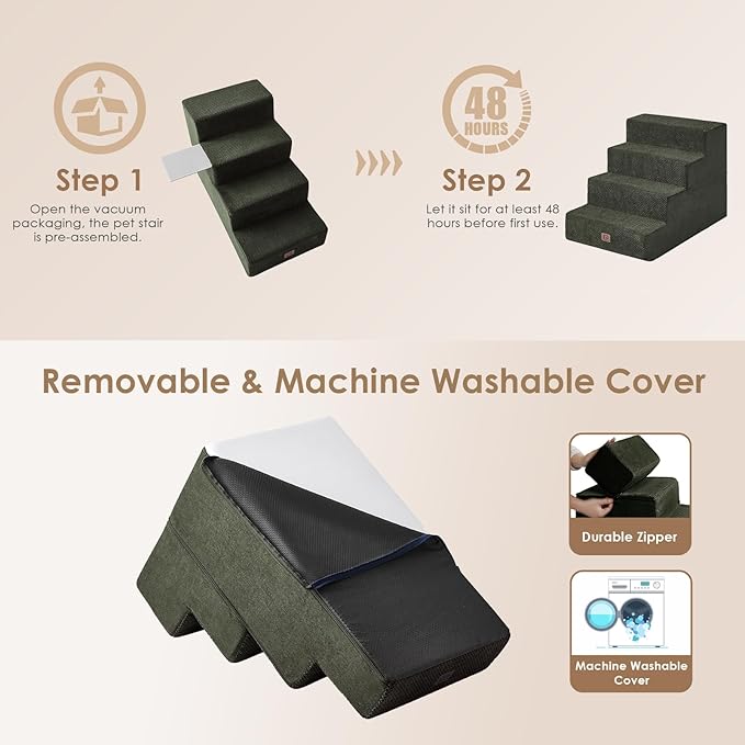EHEYCIGA Dog Stairs for Bed 20" H, 4-Step Extra Wide Dog Steps for High Bed, Pet Steps for Small Dogs and Cats, Non-Slip Balanced Pet Ramp Indoor, Olive Green-PurrikoPets