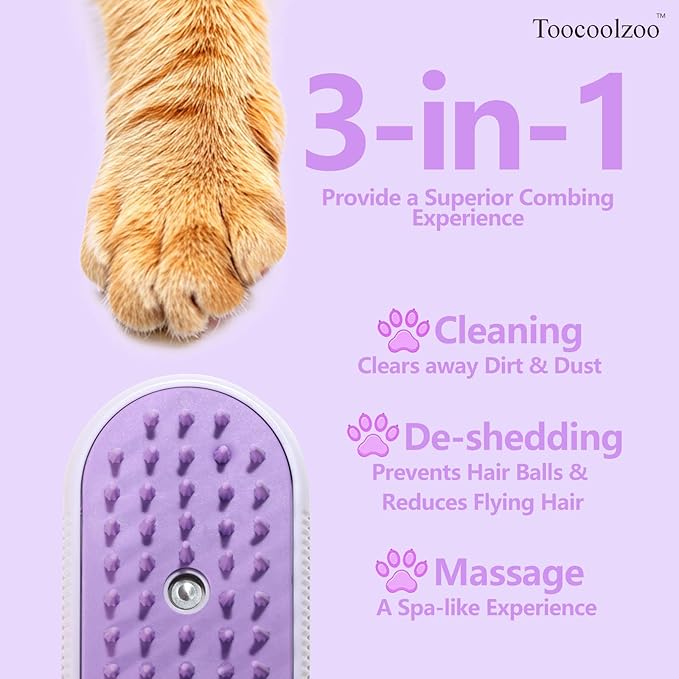 3-in-1 Cat Steam Brush, Rechargeable Cat Brush with Steam, Spritz Defur Comb for Dogs, Spritz Defur Comb for Cats (Purple)-PurrikoPets