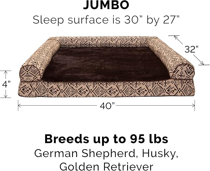 Furhaven Orthopedic Dog Bed for Large Dogs w/ Removable Bolsters & Washable Cover, For Dogs Up to 95 lbs - Plush & Southwest Kilim Woven Decor Sofa - Desert Brown, Jumbo/XL-PurrikoPets